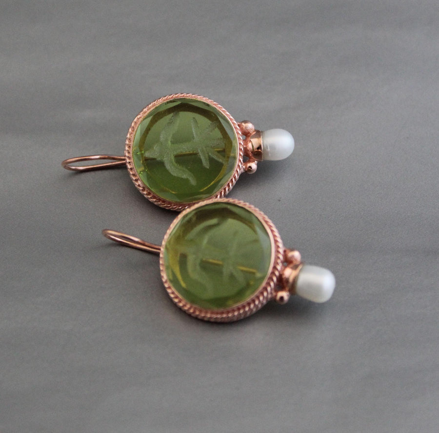 Green Fleur-de-lis Intaglio Earrings, Vintage Pearls, Rose Gold, photo 10