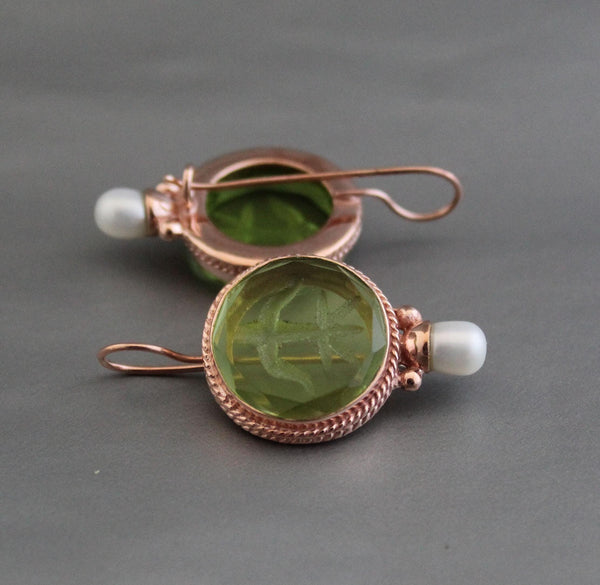 Green Fleur-de-lis Intaglio Earrings, Vintage Pearls, Rose Gold