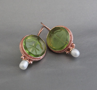 Green Fleur-de-lis Intaglio Earrings, Vintage Pearls, Rose Gold, photo 8
