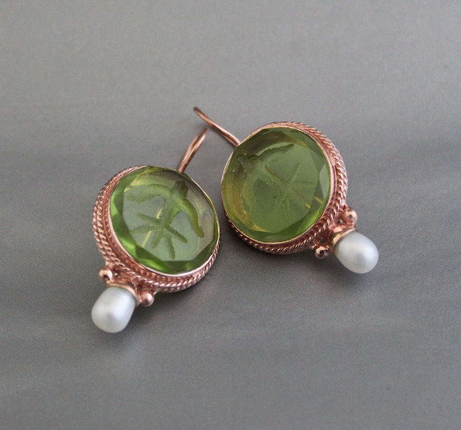 Green Fleur-de-lis Intaglio Earrings, Vintage Pearls, Rose Gold, photo 8
