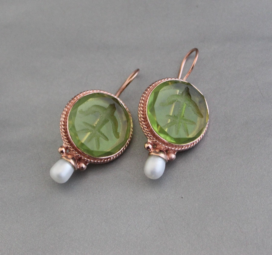 Green Fleur-de-lis Intaglio Earrings, Vintage Pearls, Rose Gold, photo 9