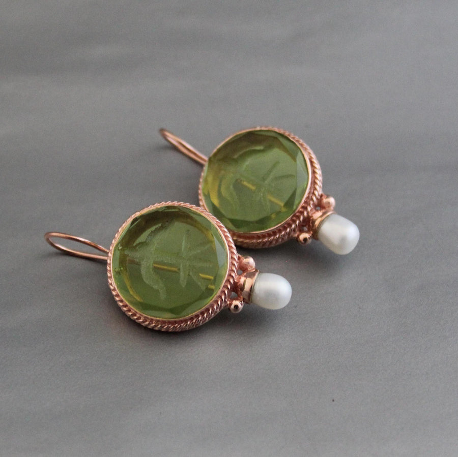 Green Fleur-de-lis Intaglio Earrings, Vintage Pearls, Rose Gold, photo 2