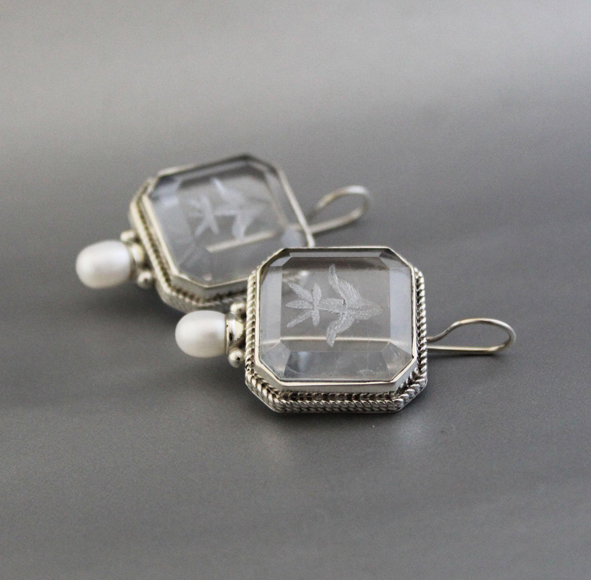 Intaglio Crystal Earrings, Victorian Bridal Pearls, 925 Silver, photo 5