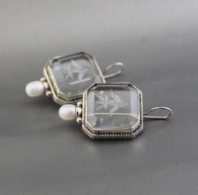 Intaglio Crystal Earrings, Victorian Bridal Pearls, 925 Silver, photo 5