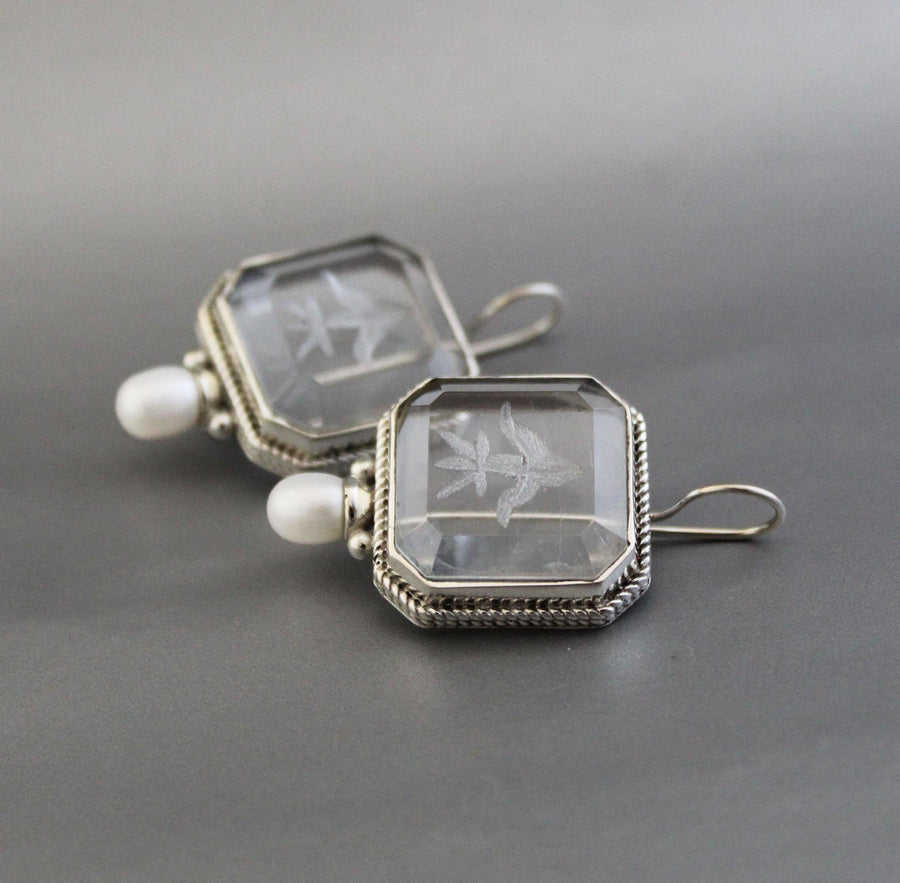 Intaglio Crystal Earrings, Victorian Bridal Pearls, 925 Silver, photo 5