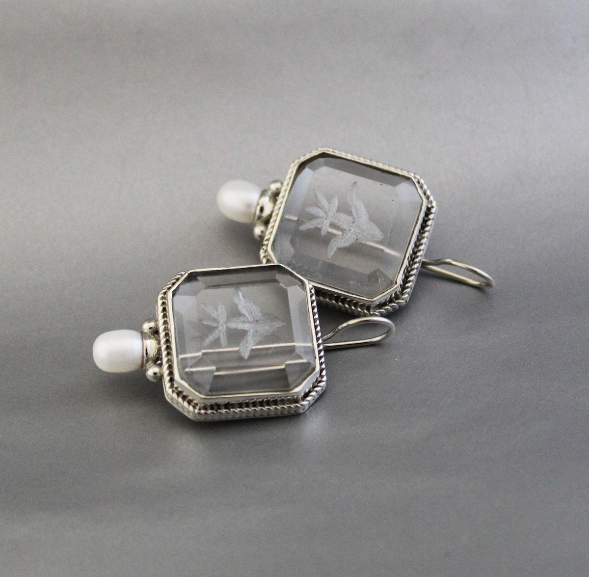 Intaglio Crystal Earrings, Victorian Bridal Pearls, 925 Silver, photo 6