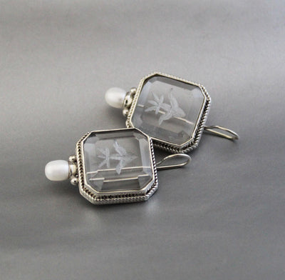 Intaglio Crystal Earrings, Victorian Bridal Pearls, 925 Silver, photo 6