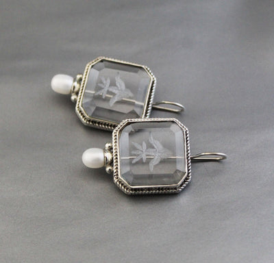 Intaglio Crystal Earrings, Victorian Bridal Pearls, 925 Silver, photo 9