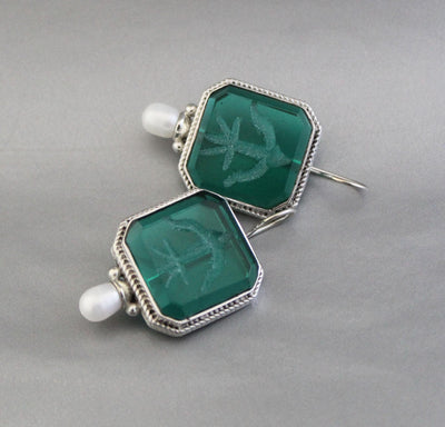 Green Glass Intaglio Earrings, Ancient Roman Style, 925 Sterling Silver, photo 8