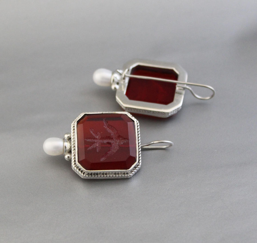 Red Glass Intaglio Earrings, Victorian Style, Polished Finish, photo 6