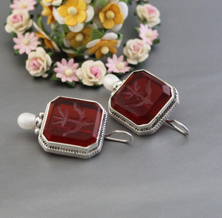 Red Glass Intaglio Earrings, Victorian Style, Polished Finish