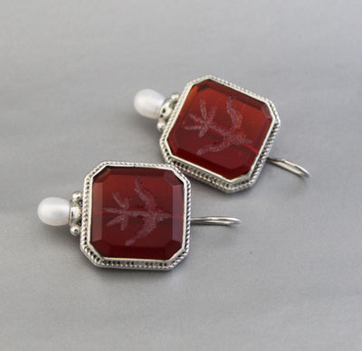 Red Glass Intaglio Earrings, Victorian Style, Polished Finish, photo 2