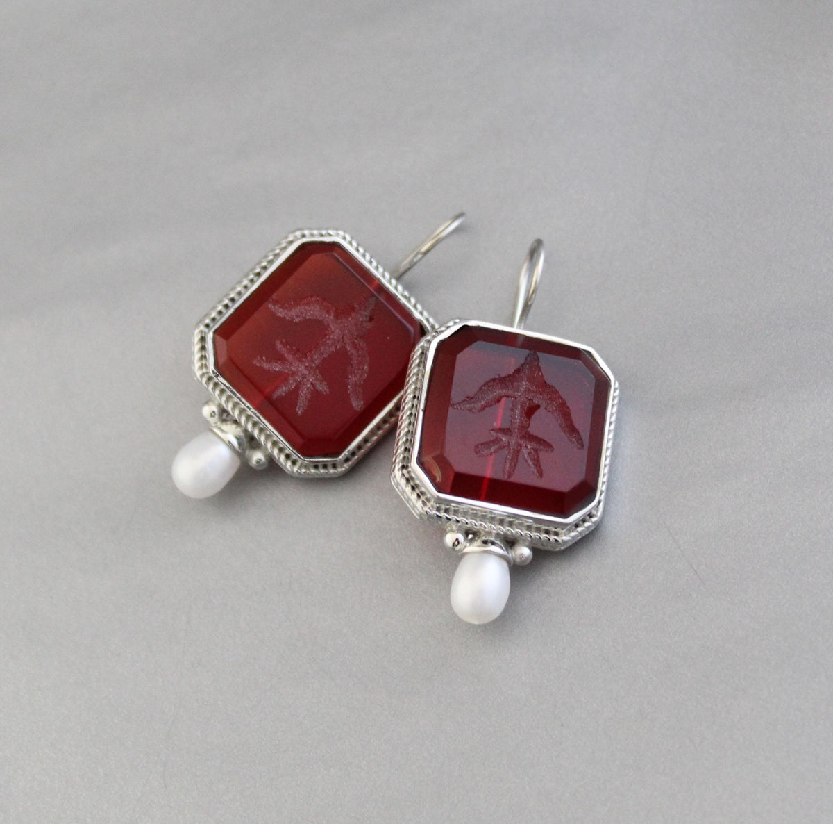 Red Glass Intaglio Earrings, Victorian Style, Polished Finish, photo 10
