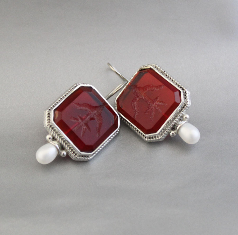 Red Glass Intaglio Earrings, Victorian Style, Polished Finish, photo 7