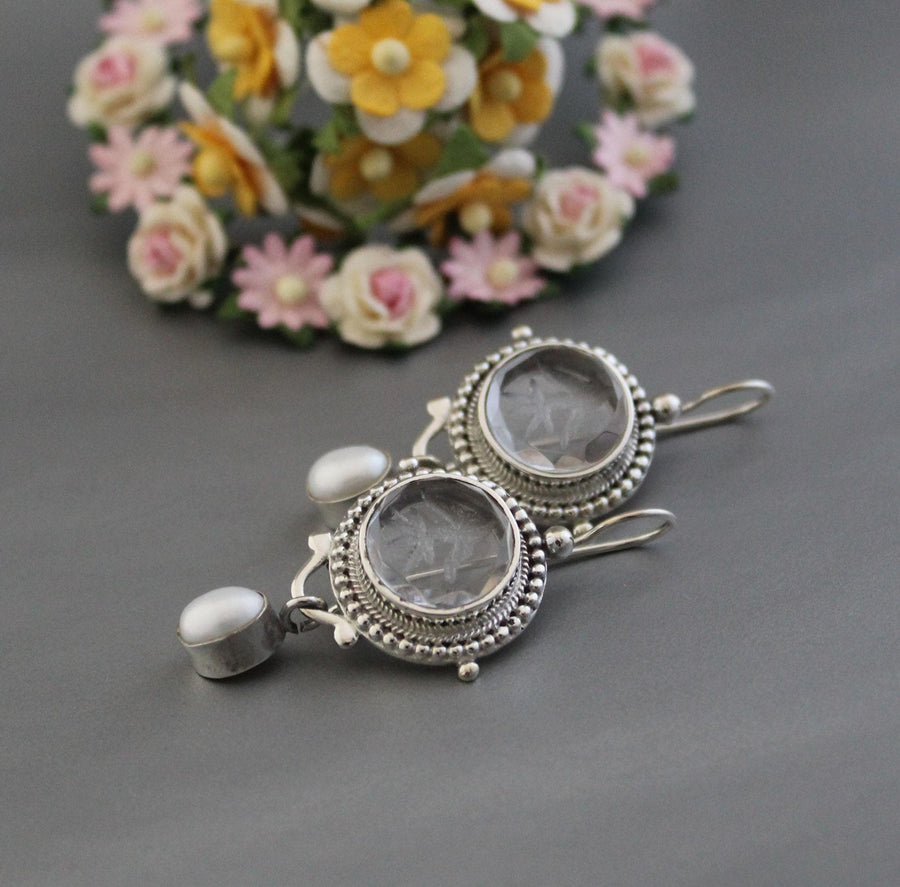 Clear Crystal Intaglio Earrings, 925 Sterling Silver with Pearl