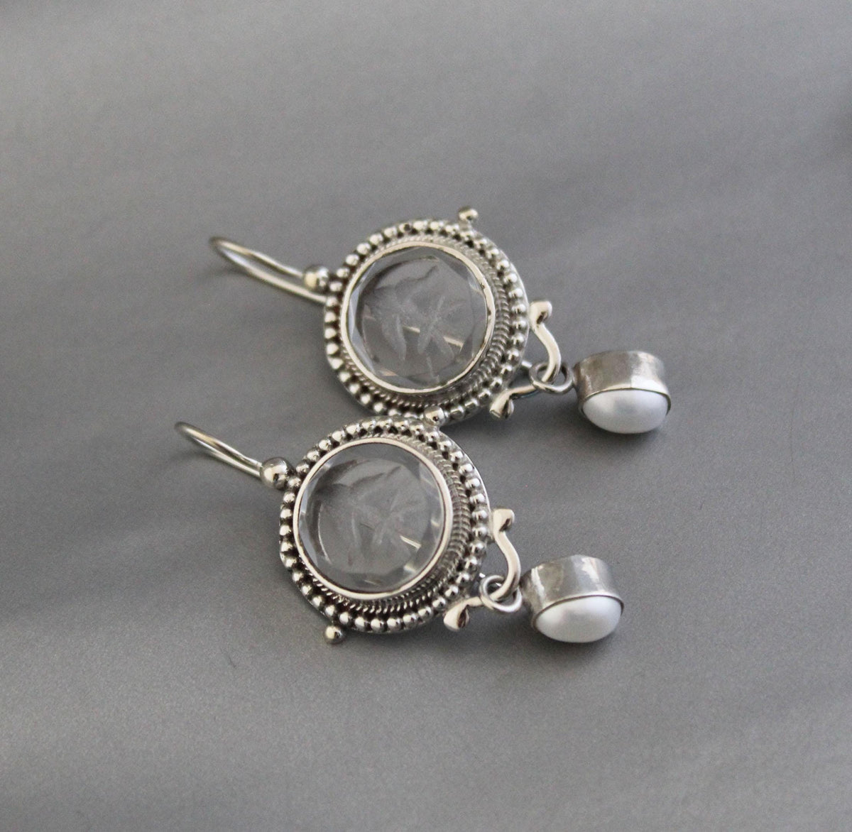 Clear Crystal Intaglio Earrings, 925 Sterling Silver with Pearl, photo 2