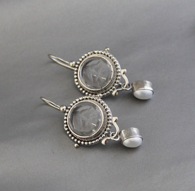 Clear Crystal Intaglio Earrings, 925 Sterling Silver with Pearl, photo 2