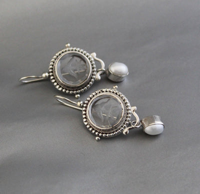 Clear Crystal Intaglio Earrings, 925 Sterling Silver with Pearl, photo 8