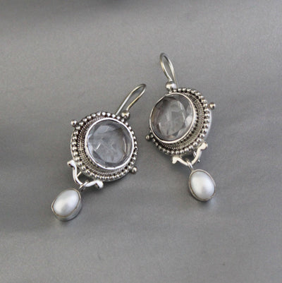 Clear Crystal Intaglio Earrings, 925 Sterling Silver with Pearl, photo 4