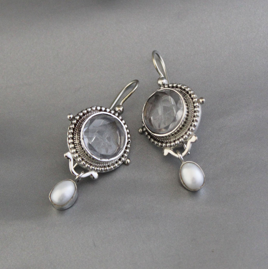 Clear Crystal Intaglio Earrings, 925 Sterling Silver with Pearl, photo 4