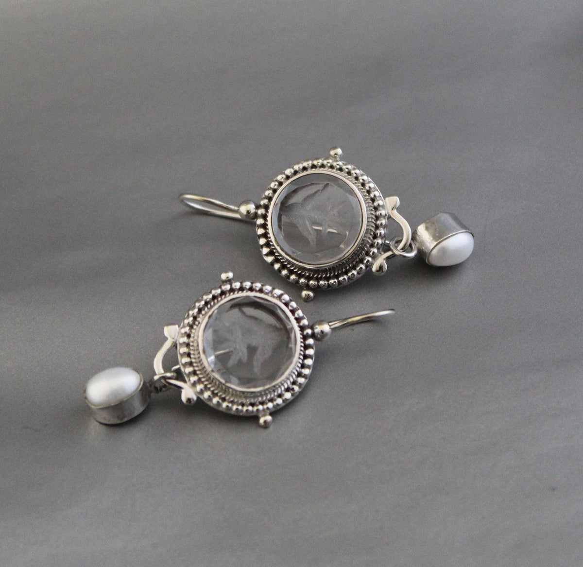 Clear Crystal Intaglio Earrings, 925 Sterling Silver with Pearl, photo 9
