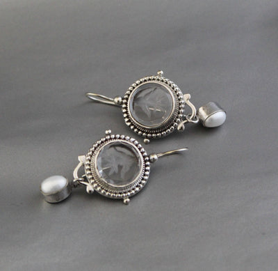Clear Crystal Intaglio Earrings, 925 Sterling Silver with Pearl, photo 9