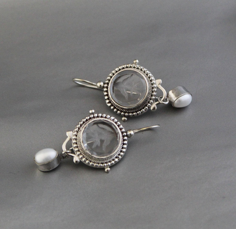 Clear Crystal Intaglio Earrings, 925 Sterling Silver with Pearl, photo 9