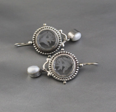 Clear Crystal Intaglio Earrings, 925 Sterling Silver with Pearl, photo 10