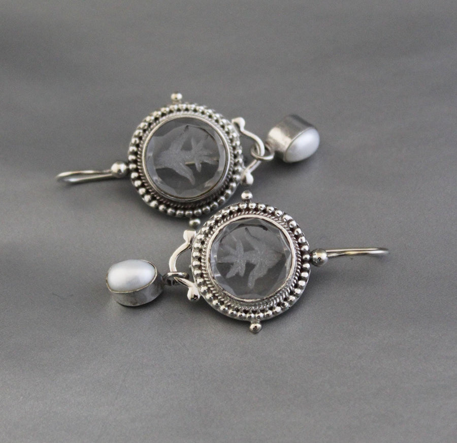 Clear Crystal Intaglio Earrings, 925 Sterling Silver with Pearl, photo 10