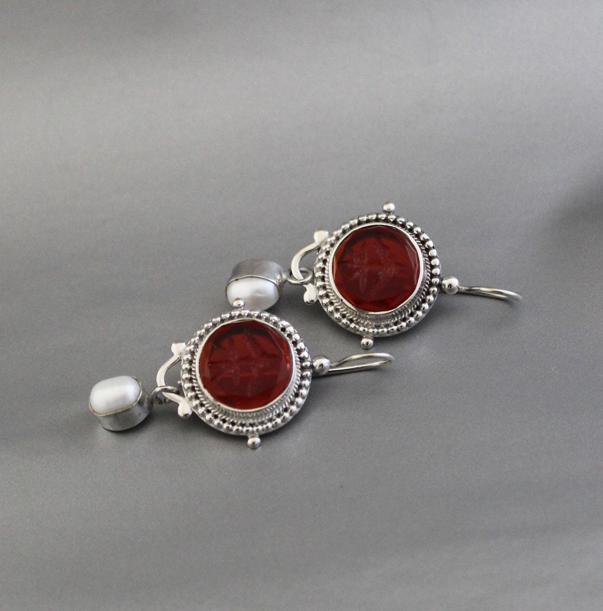 Red Glass Intaglio Earrings, Victorian Statement, 925 Sterling Silver, photo 5