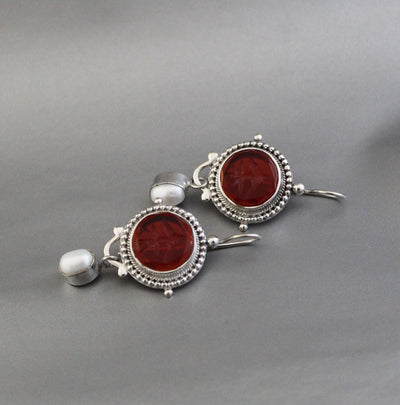 Red Glass Intaglio Earrings, Victorian Statement, 925 Sterling Silver, photo 5