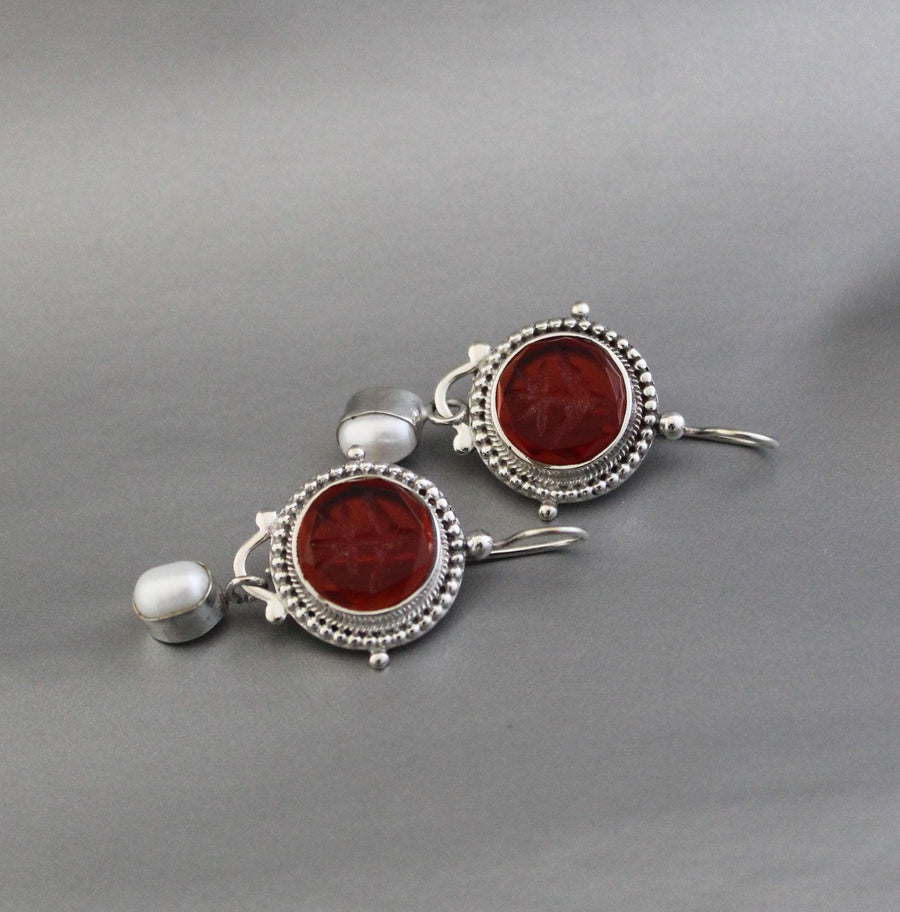 Red Glass Intaglio Earrings, Victorian Statement, 925 Sterling Silver, photo 5
