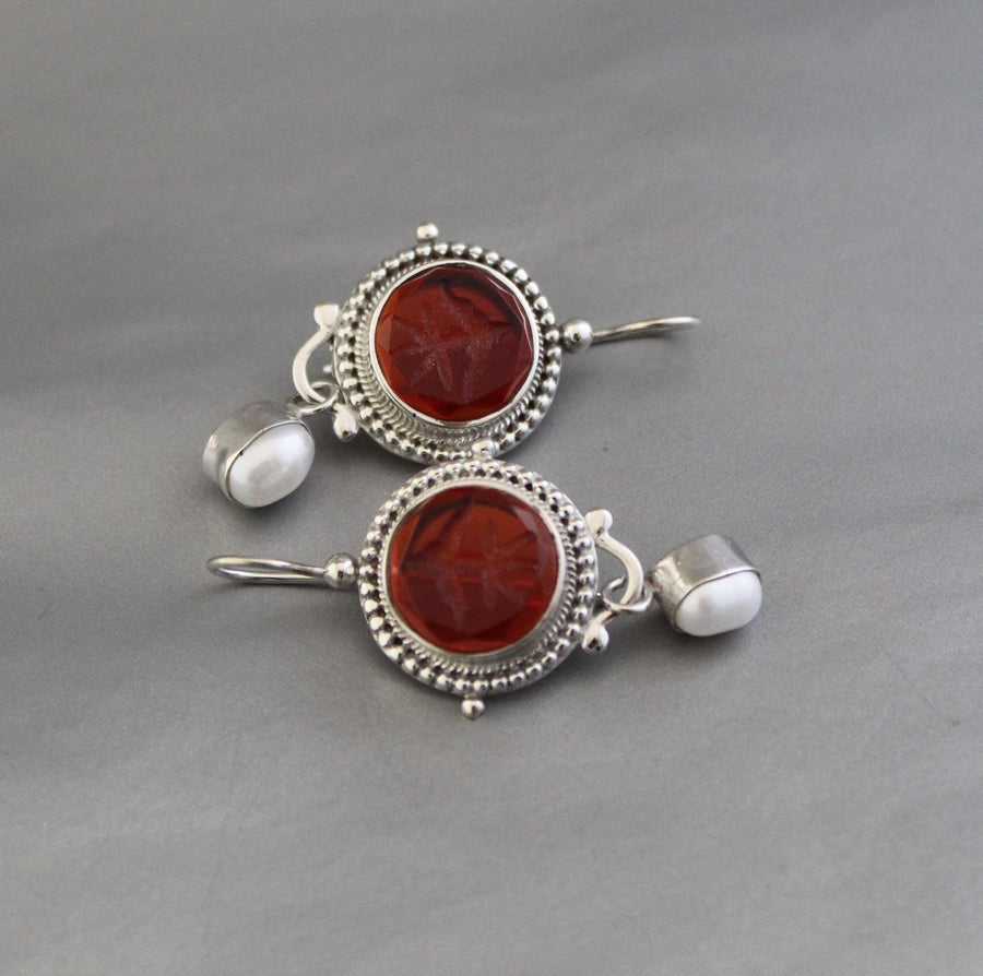 Red Glass Intaglio Earrings, Victorian Statement, 925 Sterling Silver, photo 9