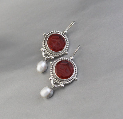 Red Glass Intaglio Earrings, Victorian Statement, 925 Sterling Silver, photo 7