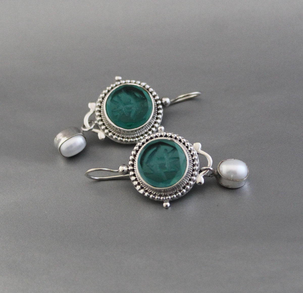 Green Intaglio Glass Earrings, Vintage Style, 925 Sterling Silver, photo 7