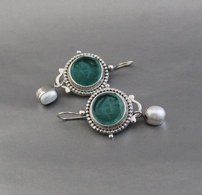 Green Intaglio Glass Earrings, Vintage Style, 925 Sterling Silver, photo 7