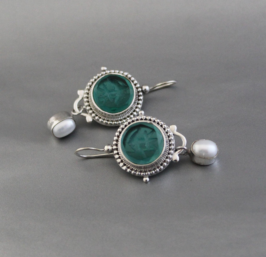 Green Intaglio Glass Earrings, Vintage Style, 925 Sterling Silver, photo 7