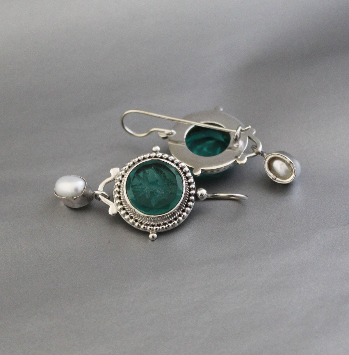Green Intaglio Glass Earrings, Vintage Style, 925 Sterling Silver, photo 2