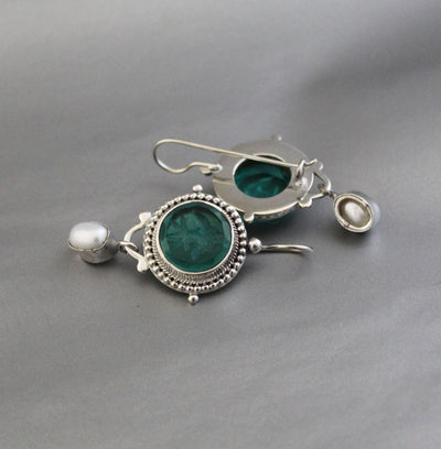 Green Intaglio Glass Earrings, Vintage Style, 925 Sterling Silver, photo 2