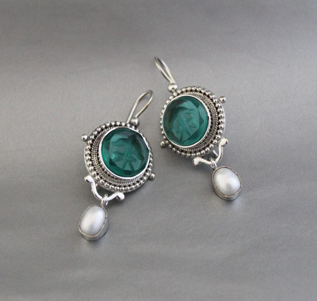 Green Intaglio Glass Earrings, Vintage Style, 925 Sterling Silver, photo 8