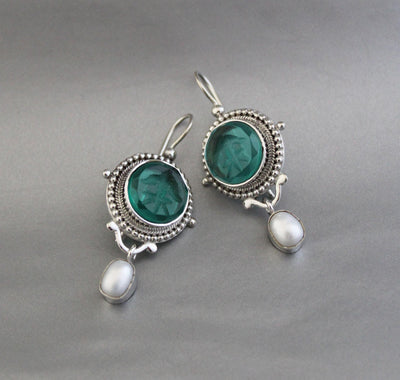 Green Intaglio Glass Earrings, Vintage Style, 925 Sterling Silver, photo 8