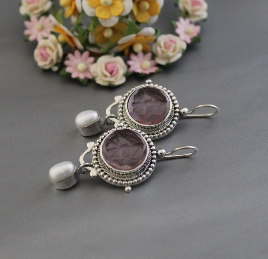 Purple Intaglio Earrings, Grand Tour Art Deco Style, 925 Sterling Silver, photo 2