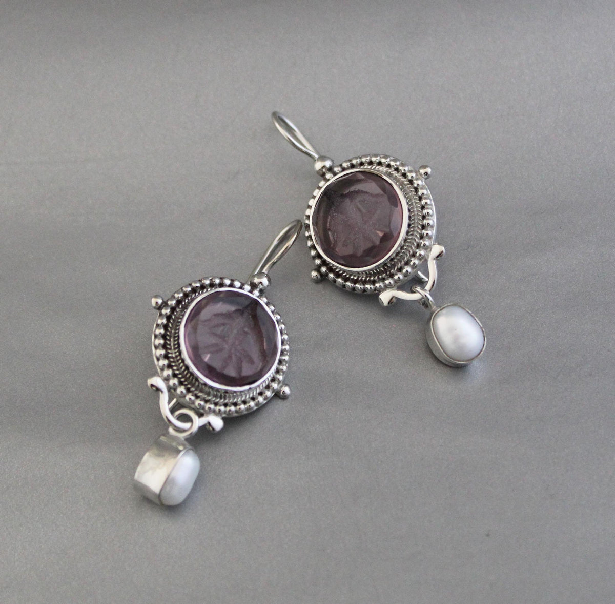 Purple Intaglio Earrings, Grand Tour Art Deco Style, 925 Sterling Silver, photo 7
