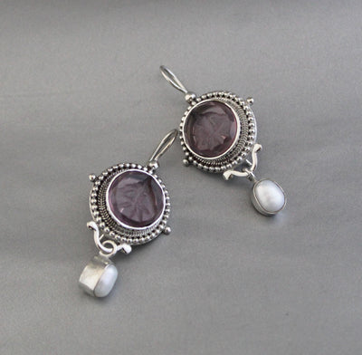Purple Intaglio Earrings, Grand Tour Art Deco Style, 925 Sterling Silver, photo 7