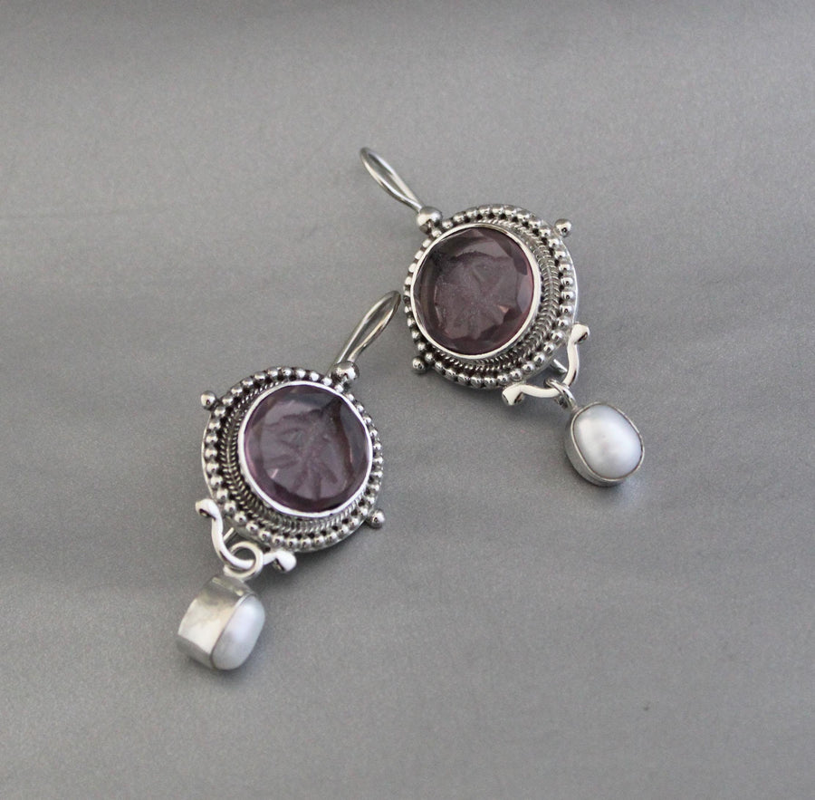 Purple Intaglio Earrings, Grand Tour Art Deco Style, 925 Sterling Silver, photo 7