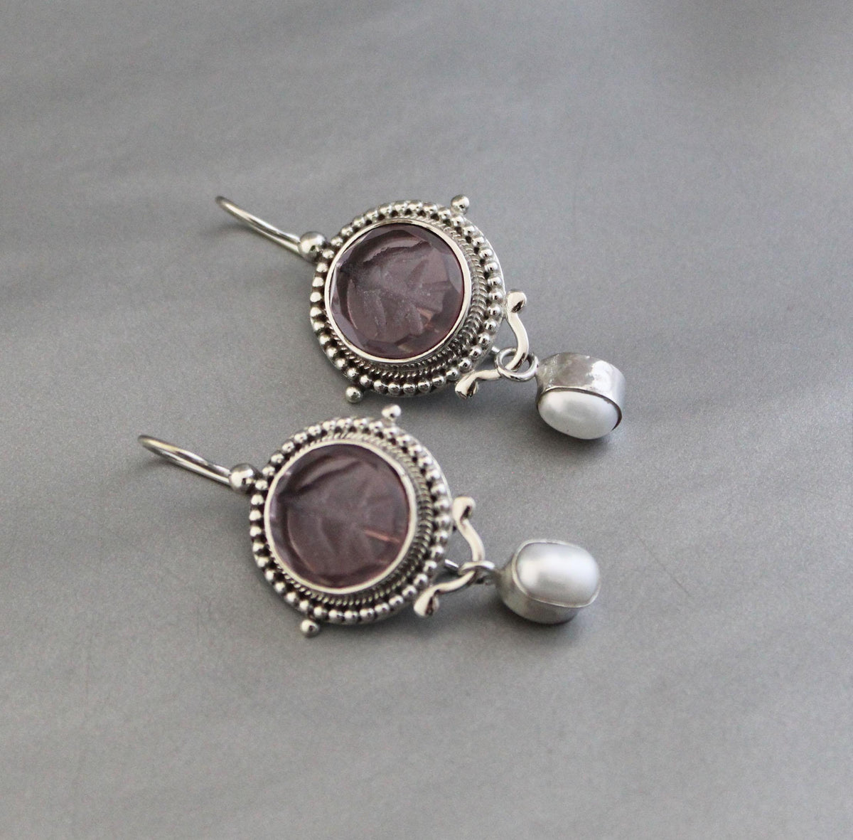 Purple Intaglio Earrings, Grand Tour Art Deco Style, 925 Sterling Silver, photo 8