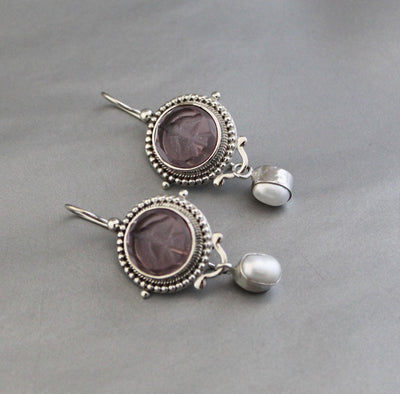 Purple Intaglio Earrings, Grand Tour Art Deco Style, 925 Sterling Silver, photo 8