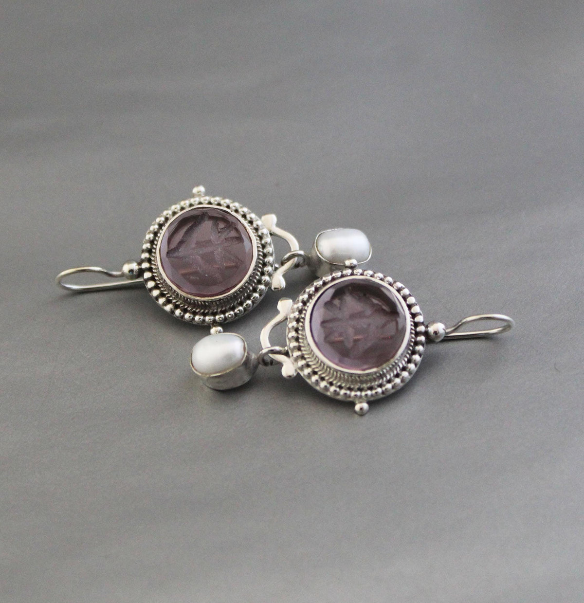 Purple Intaglio Earrings, Grand Tour Art Deco Style, 925 Sterling Silver, photo 5
