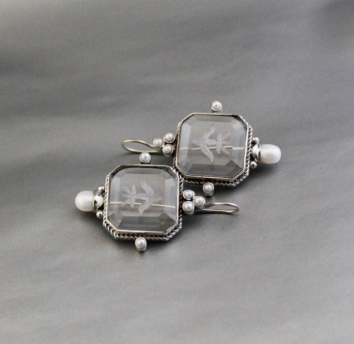 Clear Square Intaglio Earrings, Vintage Bridal Style, Gold Plated, photo 12