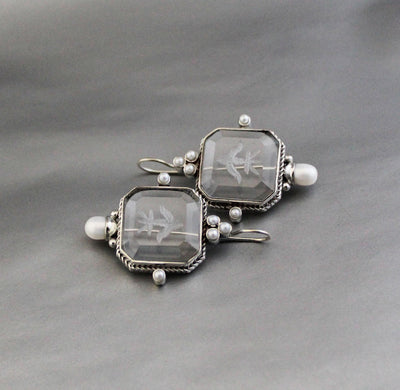 Clear Square Intaglio Earrings, Vintage Bridal Style, Gold Plated, photo 12